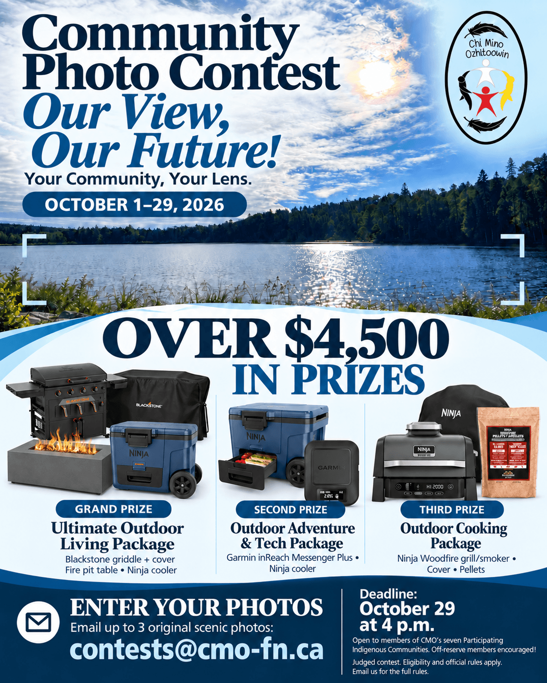 Community Photo Contest poster with a lake landscape, three prize packages, and the October 29 entry deadline. Full contest details are provided on this page.