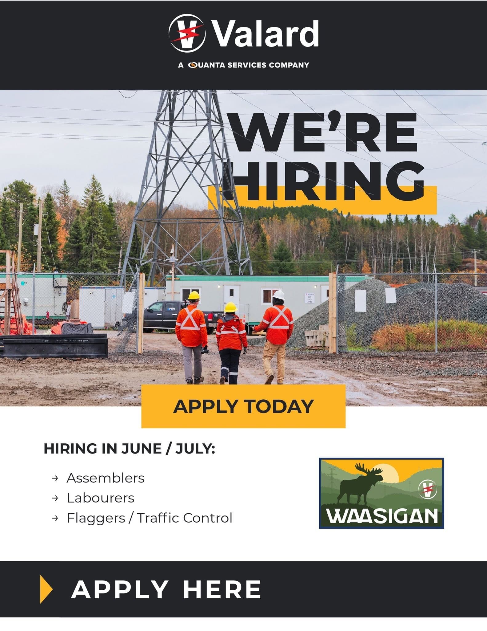 Valard Construction (a Quanta Services company) — Waasigan Transmission Line — Assemblers, Labourers & Flaggers/Traffic Control