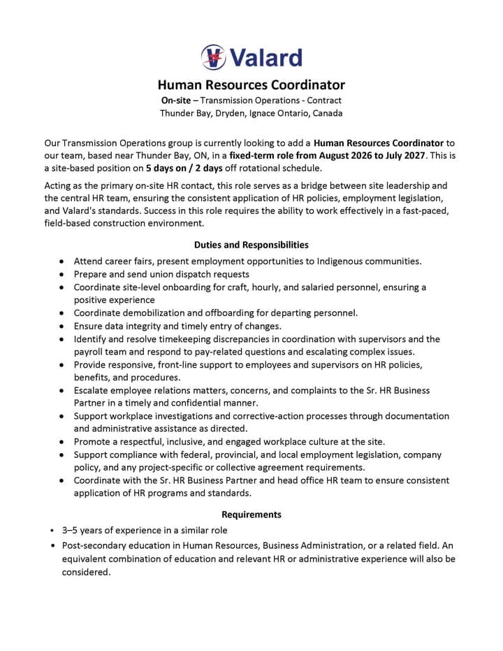 📣 Employment Opportunity with Valard Construction: Human Resources Coordinator. Valard’s Transmission Operations group