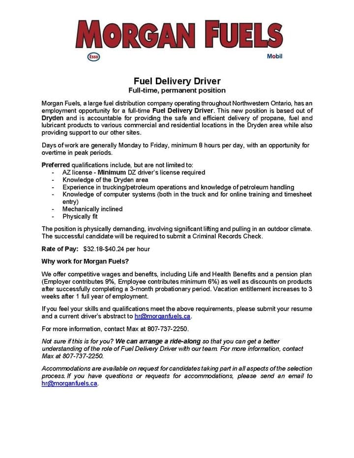🚛 Morgan Fuels is hiring a Fuel Delivery Driver in Dryden! Do you have a DZ or AZ licence? This full-time, permanent po