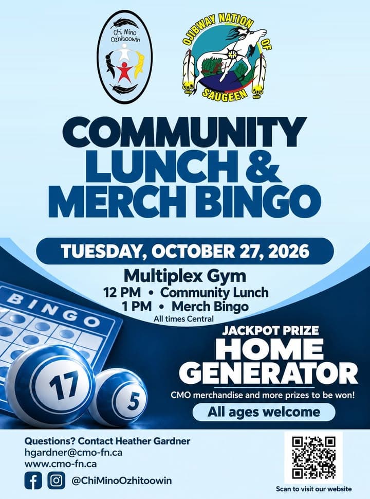 Lunch is wrapped up, and bingo is underway in Ojibway Nation of Saugeen! 🎉 The Chi Mino Ozhitoowin Team is spending the