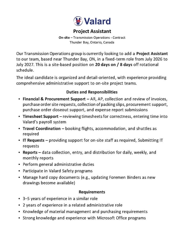 📣EMPLOYMENT OPPORTUNITY: PROJECT ASSISTANT Valard Construction is currently seeking a Project Assistant to join its Tra