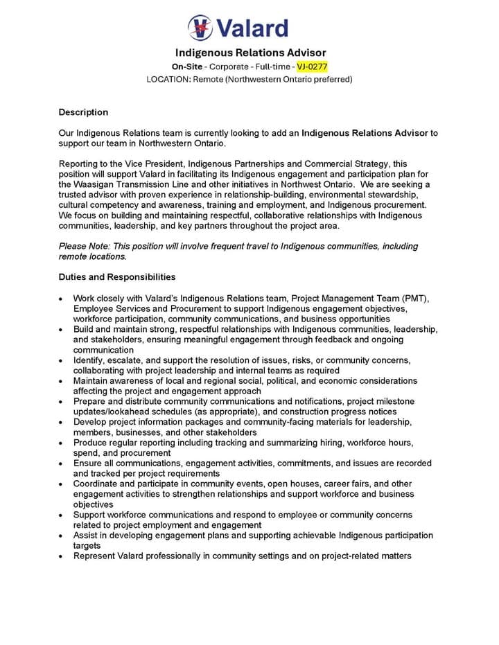 📣 Employment Opportunity with Valard Construction Valard Construction is currently seeking an experienced Indigenous Re