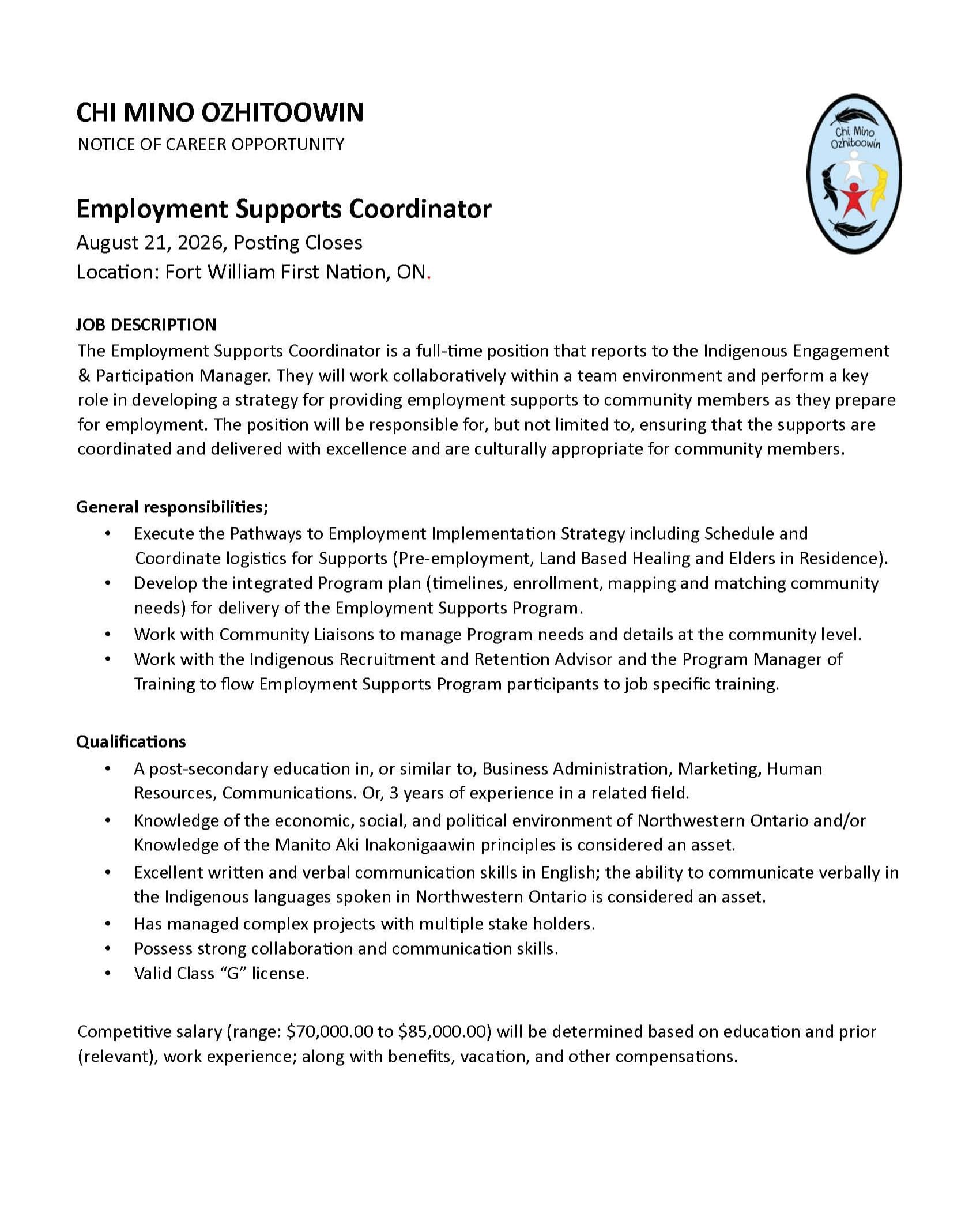📣 WE’RE HIRING! Chi Mino Ozhitoowin is seeking a full-time Employment Supports Coordinator to join our team. The succes