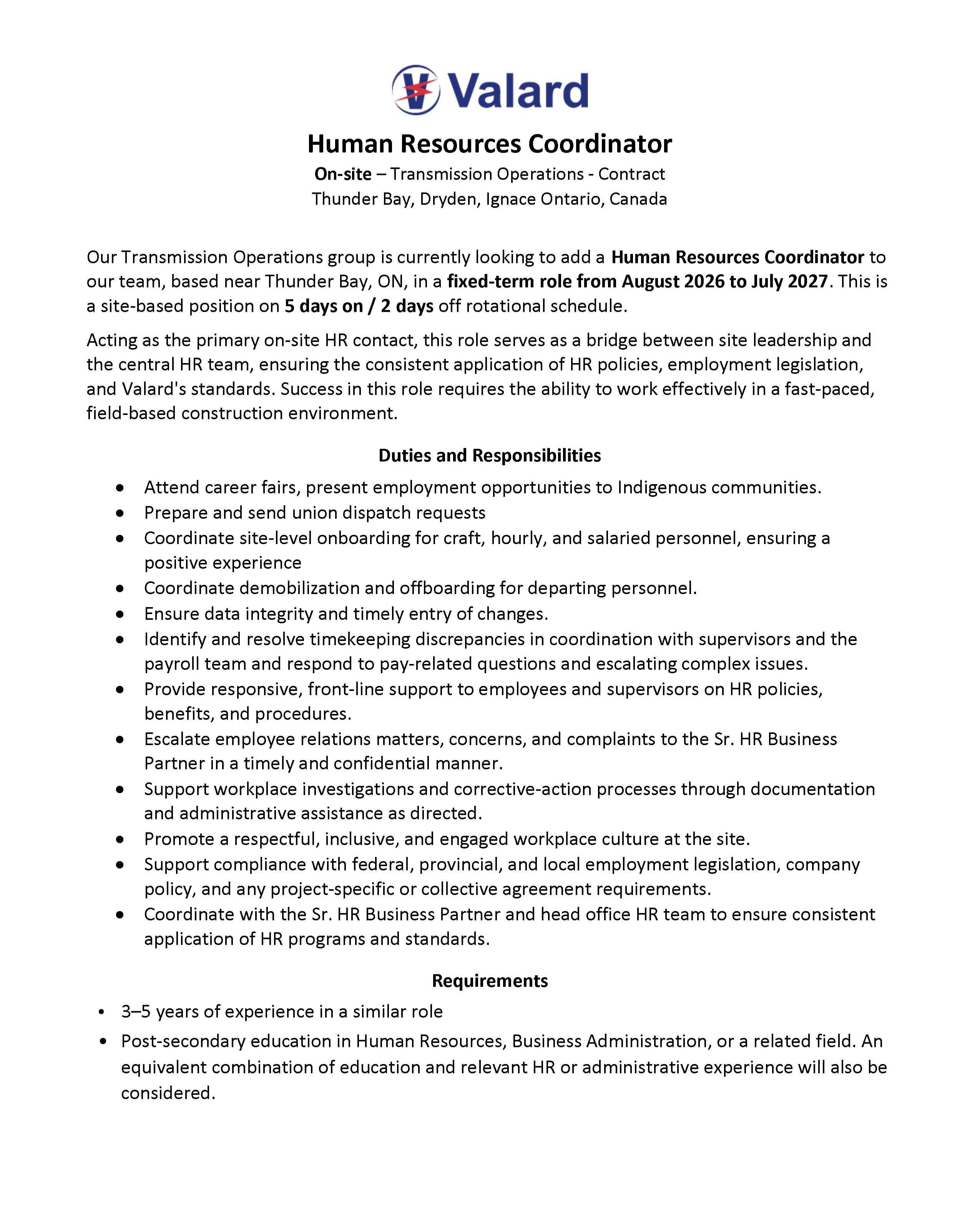 📣 @valardconstruction is hiring a Human Resources Coordinator! This is a fixed-term, site-based position with Valard’s