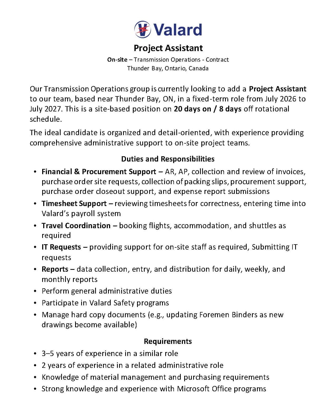 📣NOW HIRING: PROJECT ASSISTANT Valard Construction is seeking a Project Assistant to join its Transmission Operations t